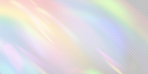Rainbow light prism effect, transparent background. Hologram reflection, crystal flare leak shadow overlay. Vector illustration of abstract blurred iridescent light backdrop. - obrazy, fototapety, plakaty