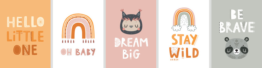 Cute Boho cards with Letterings for your design - Dream big, Stay wild, Hello little one and others.