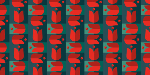 Retro floral pattern, minimal red tulips on geometric style background, abstract spring flower wallpaper, poster, invitation, fabric… for your designs. - 583057946