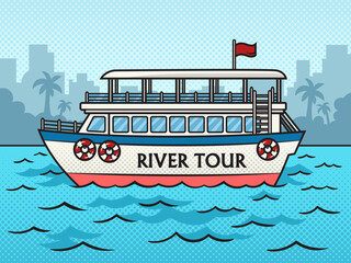 River tour tourist boat on water pinup pop art retro raster illustration. Comic book style imitation.