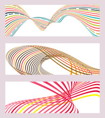 Obraz premium Wavy lines or ribbons. Set of 3 backgrounds. Multicolored striped gradient. Creative unusual background with abstract gradient wave lines to create a trendy banner, poster. vector eps
