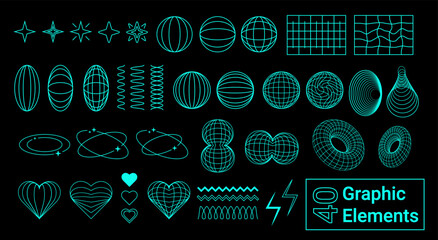 Collection of 40 graphic vector blue y2k abstract elements.