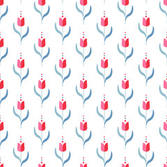 Small red tulip and blue leaves motifs vector flower print design on white background. Cute floral seamless pattern. 