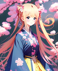 Cute anime girl in kimono dress with blond long hair sakura flowers giapponese romantic fantasy character illustration, generative ai.