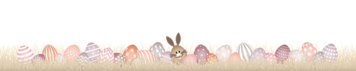 Banner Braunes Hasenei Mit 28 Ostereiern Weißes Muster Wiese Beige Verschiedene Farben