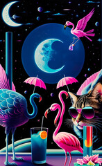 Miami Vibes at Night Flamingo Dance Cocktail Party with Cats und Cosmic Moon Atmosphere