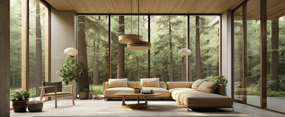 a modern open plan living room, dining and kitchen interior with a view of the forest