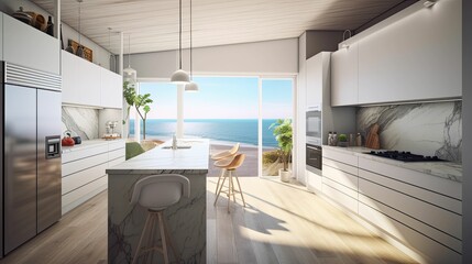 Fototapeta na wymiar A modern kitchen that looks out to the sea