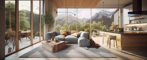 a modern open plan living room and kitchen interior with a lakeside and mountain view