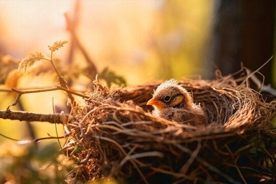 The chick hatched from an egg nest in the woods in the spring on a sunny day. The concept of the emergence of a new life of the first steps and new beginnings and also care for nature. Generative AI