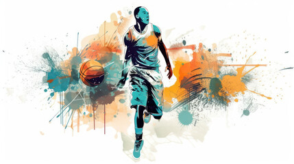 Abstract basketball player in watercolor style created with generative AI technology