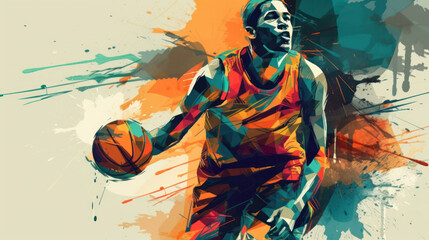 Abstract basketball player in watercolor style created with generative AI technology