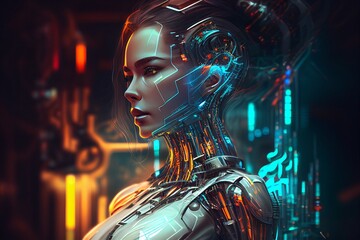 Portrait of futuristic humanlike cyborg woman. Generative AI.