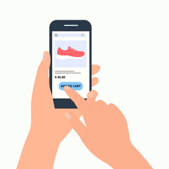 Hand holding phone and finger touches screen. Shopping by phone and connected card.Shopping online, delivery. Vector illustration