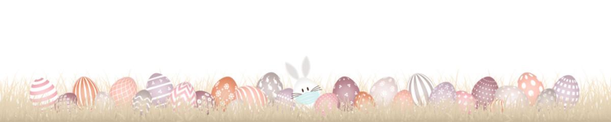 Banner Weißes Hasenei Maske Mit 28 Ostereiern Weißes Muster Wiese Beige Verschiedene Farben