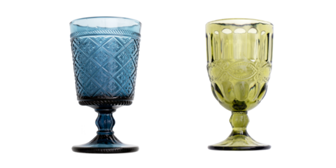 Glass beautiful texture faceted glasses of different colors together, transparent background, isolated.