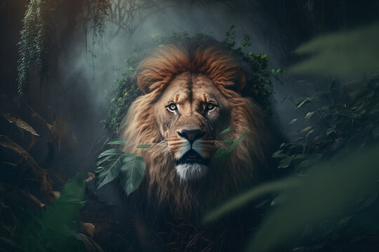 a lion in the jungle surrounded by smoke, Generative IA