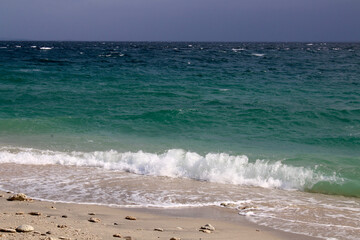 Seascape. Ocean is shaking. Small waves roll on the sandy beach in cloudy weather.