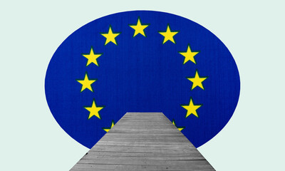 Contemporary art collage, art collage. A wooden bridge leads to the European Union.