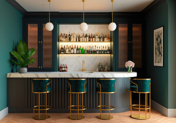 A sophisticated bar area with a marble-topped counter, a built-in wine fridge, and a selection of top-shelf liquors and cocktails - Generative AI