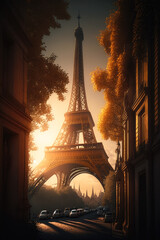 A romantic sunset view of the Eiffel Tower, with the golden light of the sun creating a warm glow around the tower - Generative AI