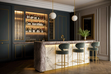 A sophisticated bar area with a marble-topped counter, a built-in wine fridge, and a selection of top-shelf liquors and cocktails - Generative AI