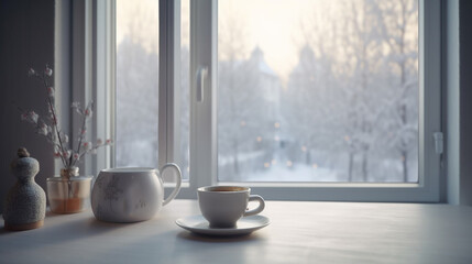 Window with a cup of coffee with relaxing snow view Generative AI