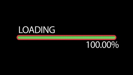 Green loading progress bar downloading pixelated progress. Status bar, processing from 0 to 100 transfer on black background. Percent indicator. Futuristic updating progress bar. 3D animation