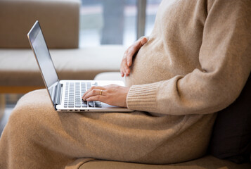 A pregnant woman is working at home using a laptop