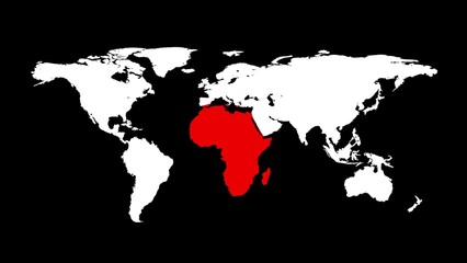 Fototapeta na wymiar World map with red Africa. Whole world map on black background. Infographic design. Business or travel concept. Virus infection. 3D animation