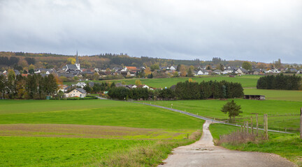 Fototapeta na wymiar Historical Pilgrims trail with german countryside landscape In Lampertstal und Alendorfer Kalktriften