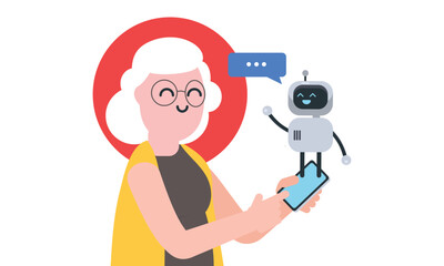 Old Woman and an AI Robot On Phone