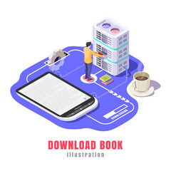 concept illustration of downloading a book via the internet to an e-book. Vector illustration for online library web design