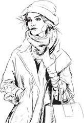 Pretty young girls. Fashion girls Sketch. Young woman in a raincoat. 