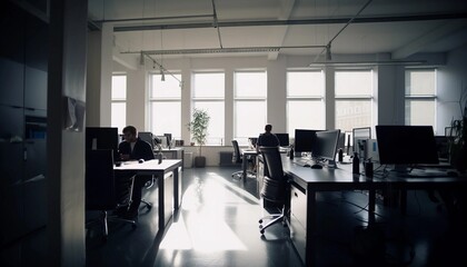 interior of a modern office on early morning, quite atmosphere, big windows, diffuse light, city view