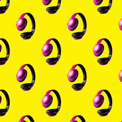 A lot of purple headphones on a bright yellow background. The concept of modern music.