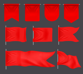 Realistic banner flags. 3D red blank textile signs and waving fabric for advertising. Royal flags, hanging pennant and silk banners