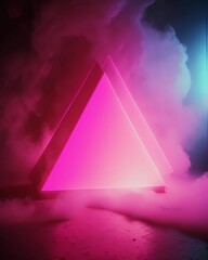 3D rendering of light pink triangle shape surrounded by pink mist in club, pink neon glow, glowing light. Generative AI