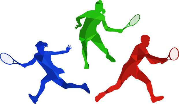 Set of silhouettes of tennis players on white background. Isolated vector colored images. Abstract blue, green and red vector image of sportsmen.	