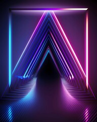 Abstract background, triangles, wallpaper design. Ultraviolet neon light, virtual reality, glowing lines, tunnel, pink blue vibrant colors, laser. Generative AI