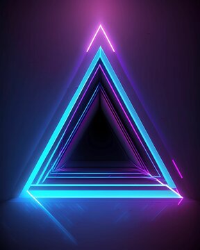 Abstract background, triangles, wallpaper design. Ultraviolet neon light, virtual reality, glowing lines, tunnel, pink blue vibrant colors, laser. Generative AI © andrenascimento