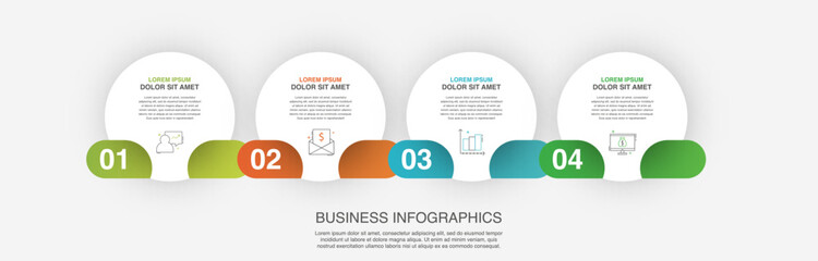 Infographic vector template for business. 3D paper label with 4 circles and steps. Flat modern timeline for content, diagram, presentation, workflow, chart.