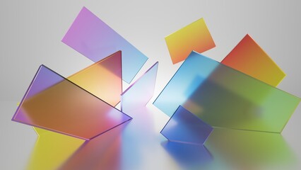 3d render, abstract geometric background, colorful translucent glass shapes, simple flat square pieces falling down