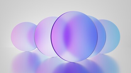 3d render, abstract geometric background, translucent glass with violet blue gradient, simple round flat shapes - 583066760