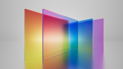 3d render, abstract geometric background, colorful glass square shapes, simple flat pieces and translucent layers