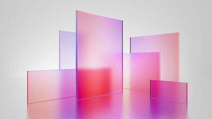 3d render, abstract geometric background, translucent glass with pink red violet gradient, simple square shapes - 583066770