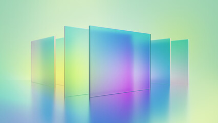 3d render, abstract geometric background, translucent glass with colorful gradient, simple flat square shapes - 583066771