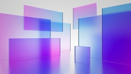 3d render, abstract geometric background, translucent glass with violet pink blue gradient, simple square shapes - 583066785