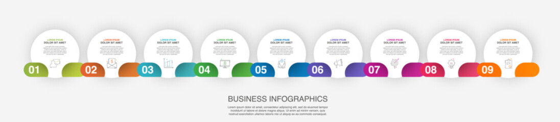 Infographic vector template for business. 3D paper label with nine circles and steps. Flat modern timeline for content, diagram, presentation, workflow, chart.