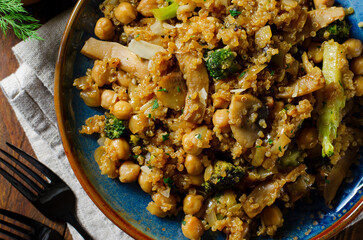 Quinoa with Chickpea, Mushrooms, and Broccoli, Healthy Meal, Vegetarian Food, Rustic Background